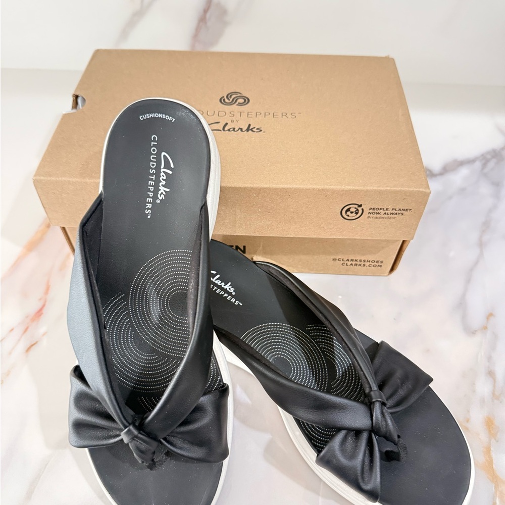 Clarks Black Slip-On Sandals Comfortable Design